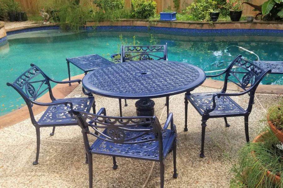 black metal table by pool black metal table by pool